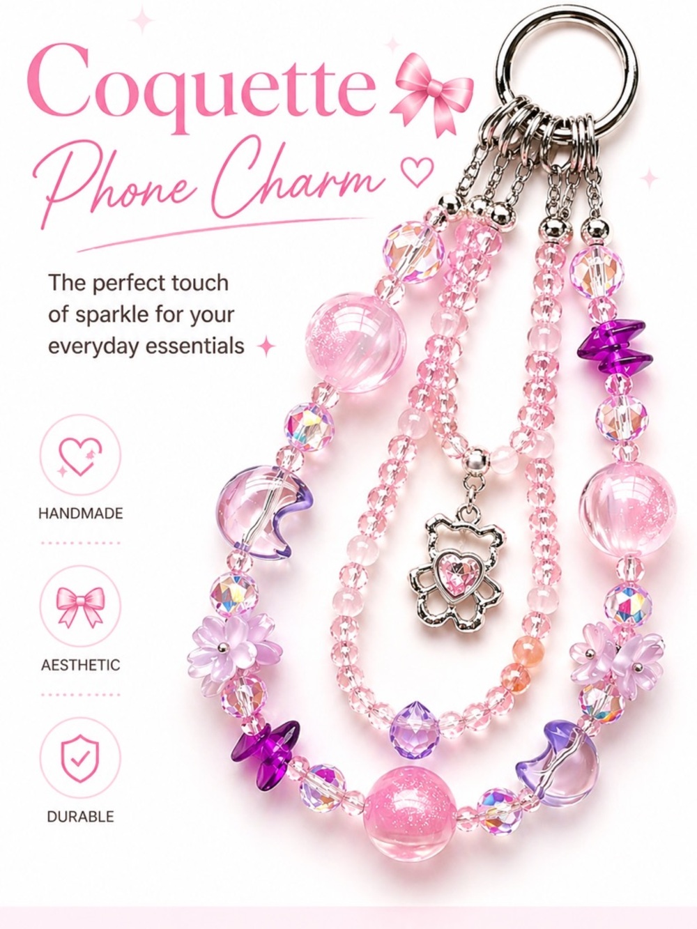 Coquette Phone Charm Pink | Soft Girl Aesthetic Strap | Cute Beaded iPhone Chain